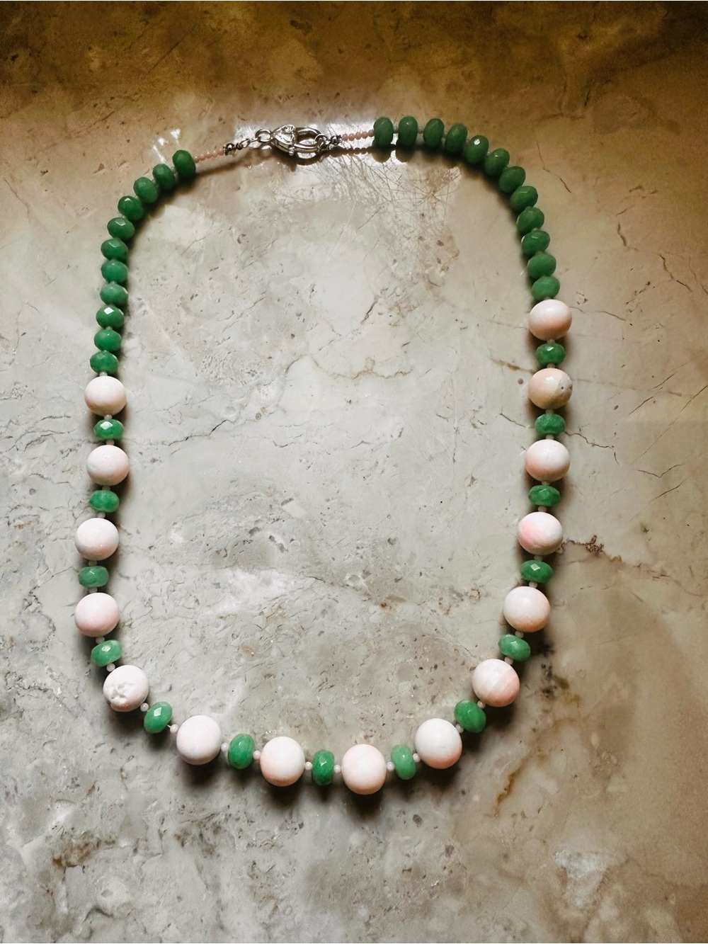 Green Jade and Pale Pink AngelSkin Coral Beaded Necklace - Women Jewelry - Picture 6 of 13